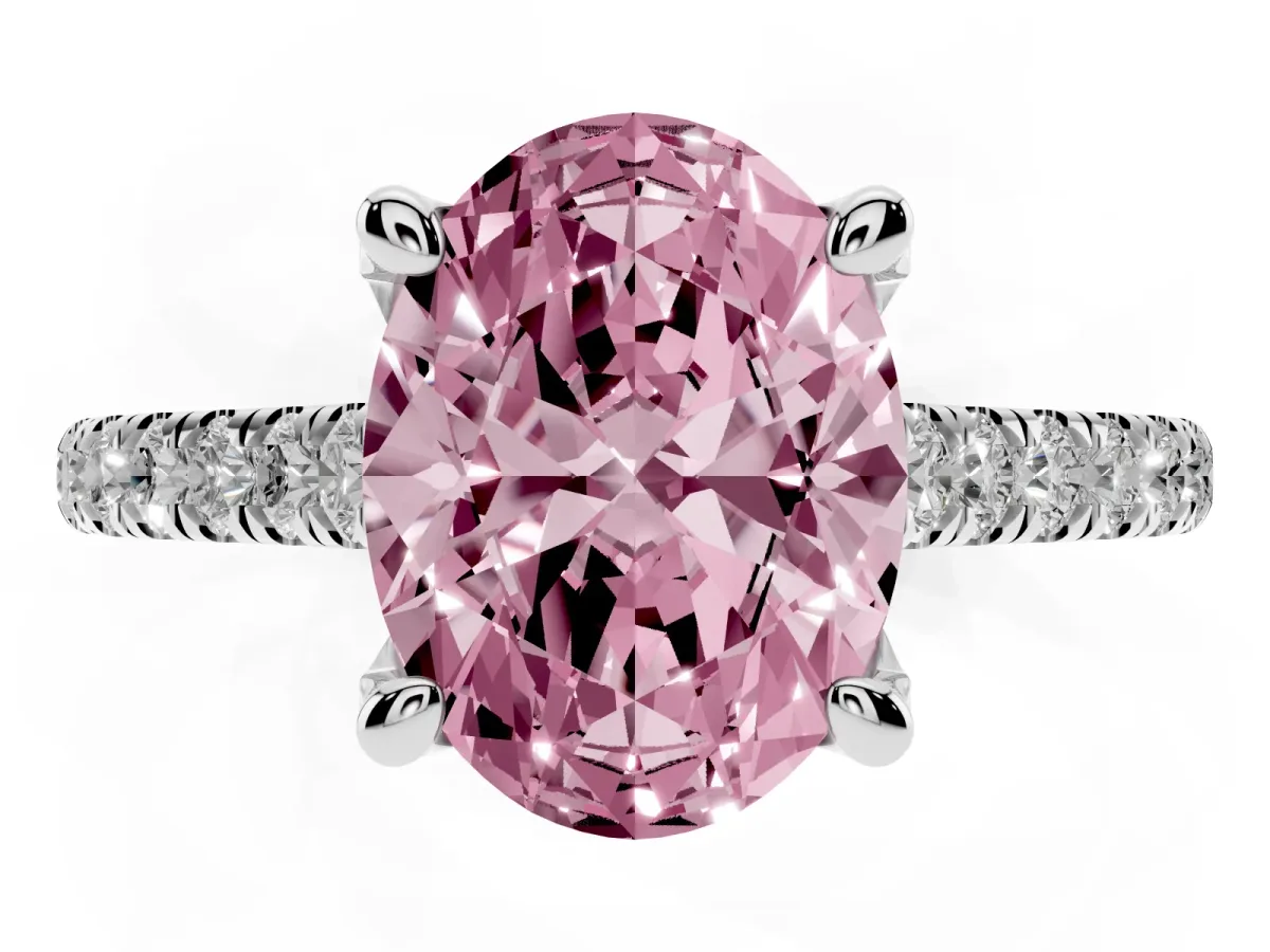 Fancy Pink Oval Cut Brilliant Diamond Solitaire with Pavé Band and Four-Prong Setting Silver