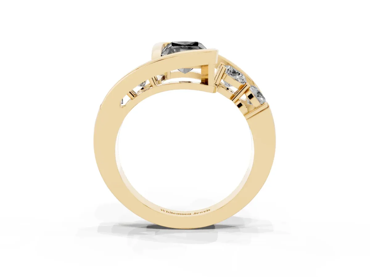 Fancy Black Bezel Set Radiant Cut Diamond Bypass Ring with Round Accents Yellow gold
