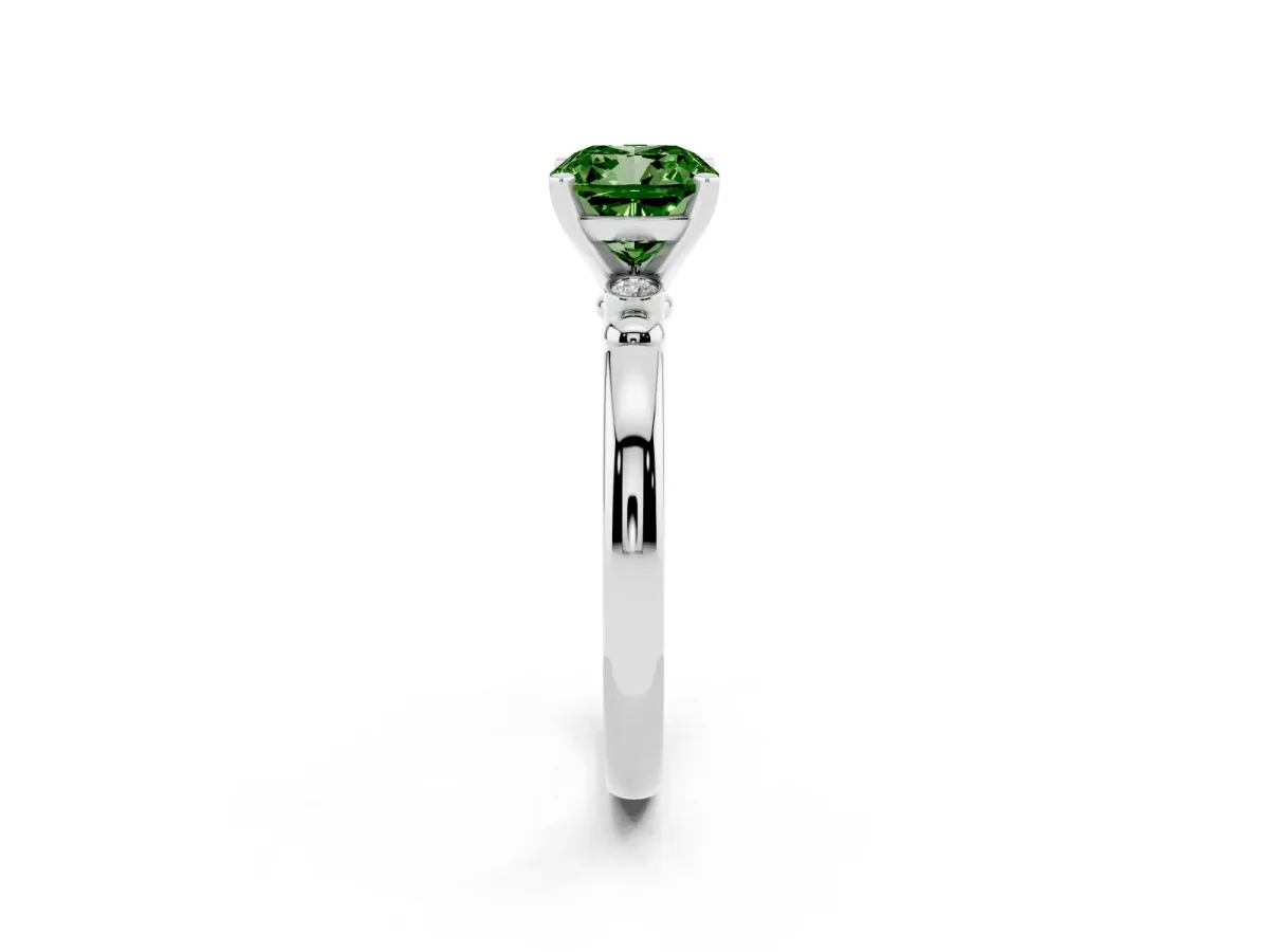 Fancy Green Cushion Cut Solitaire Beaded Band with Four-Prong Setting Silver