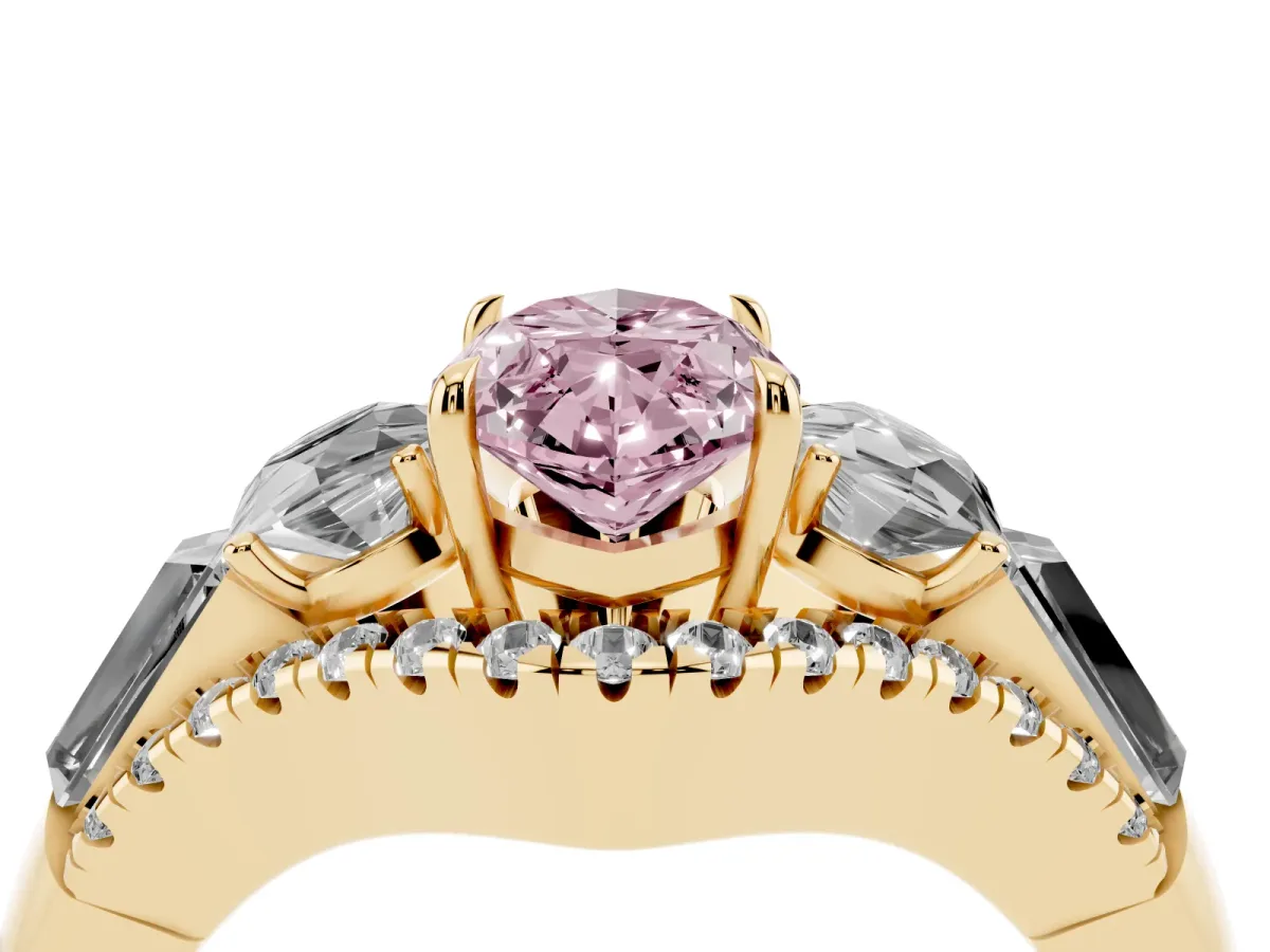 Fancy Pink Three-Stone Marquise Cut Diamond Engagement Ring with Pave Band and Prong Setting Yellow gold