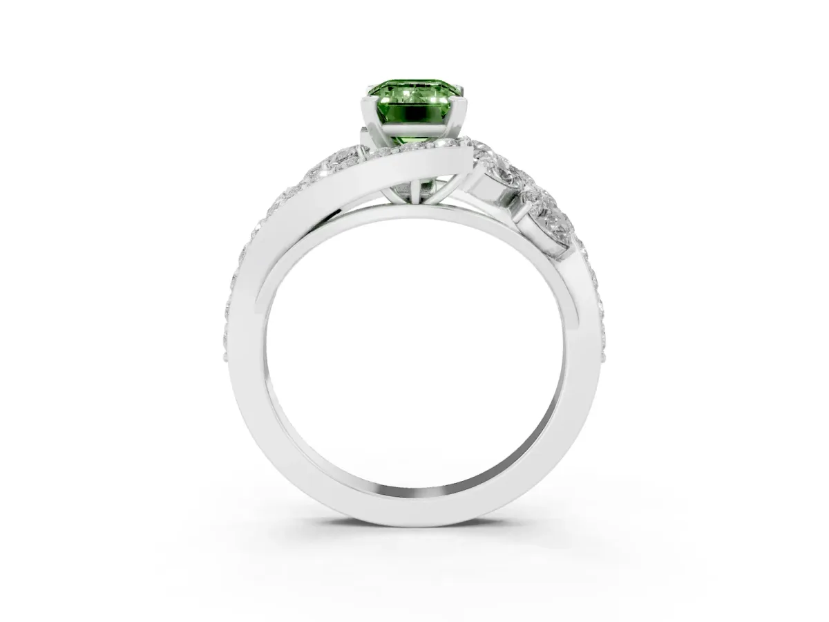 Fancy Green Emerald Cut Diamond Halo Ring with Marquise and Pavé Band in Prong Setting Silver