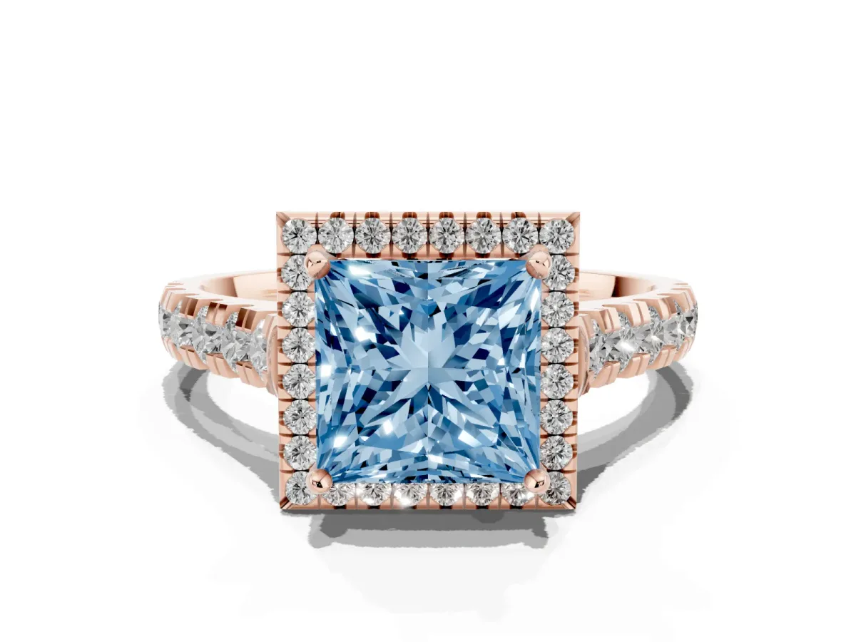 Fancy Blue Princess Cut Halo Pavé Diamond Engagement Ring with Four-Prong Setting Rose gold