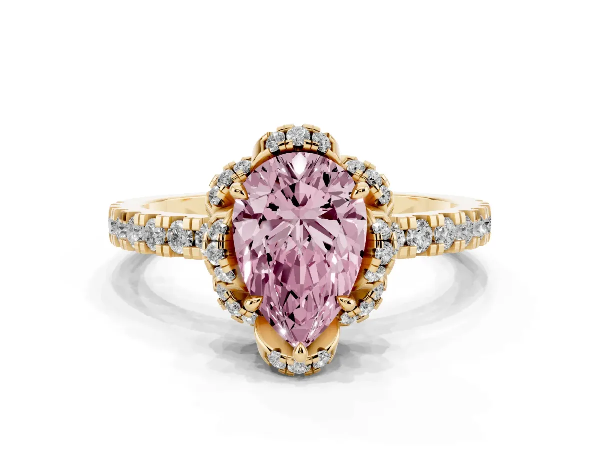 Fancy Pink Pear Cut Diamond Halo Pave Band with Four-Prong Setting Yellow gold