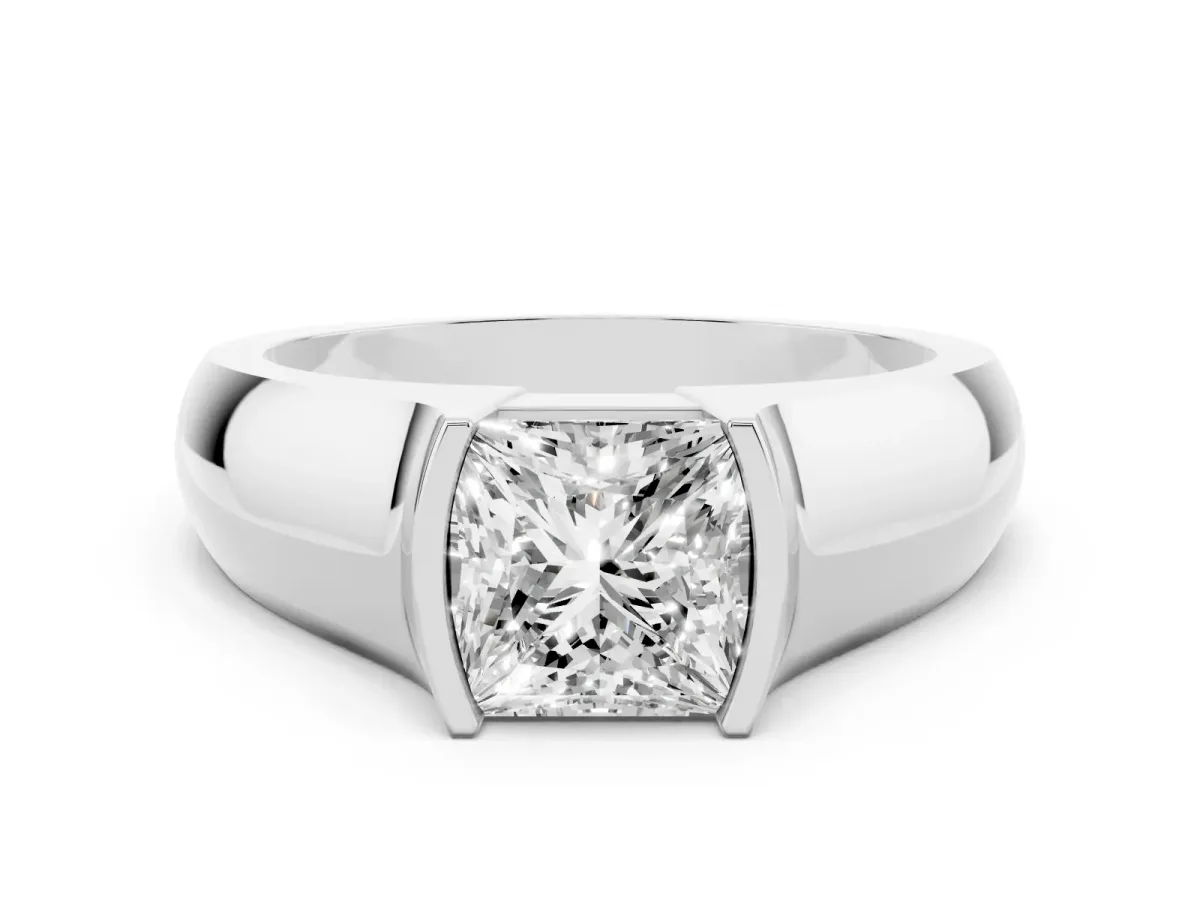Princess Cut Solitaire Bezel Set Diamond Ring with Wide Band Silver