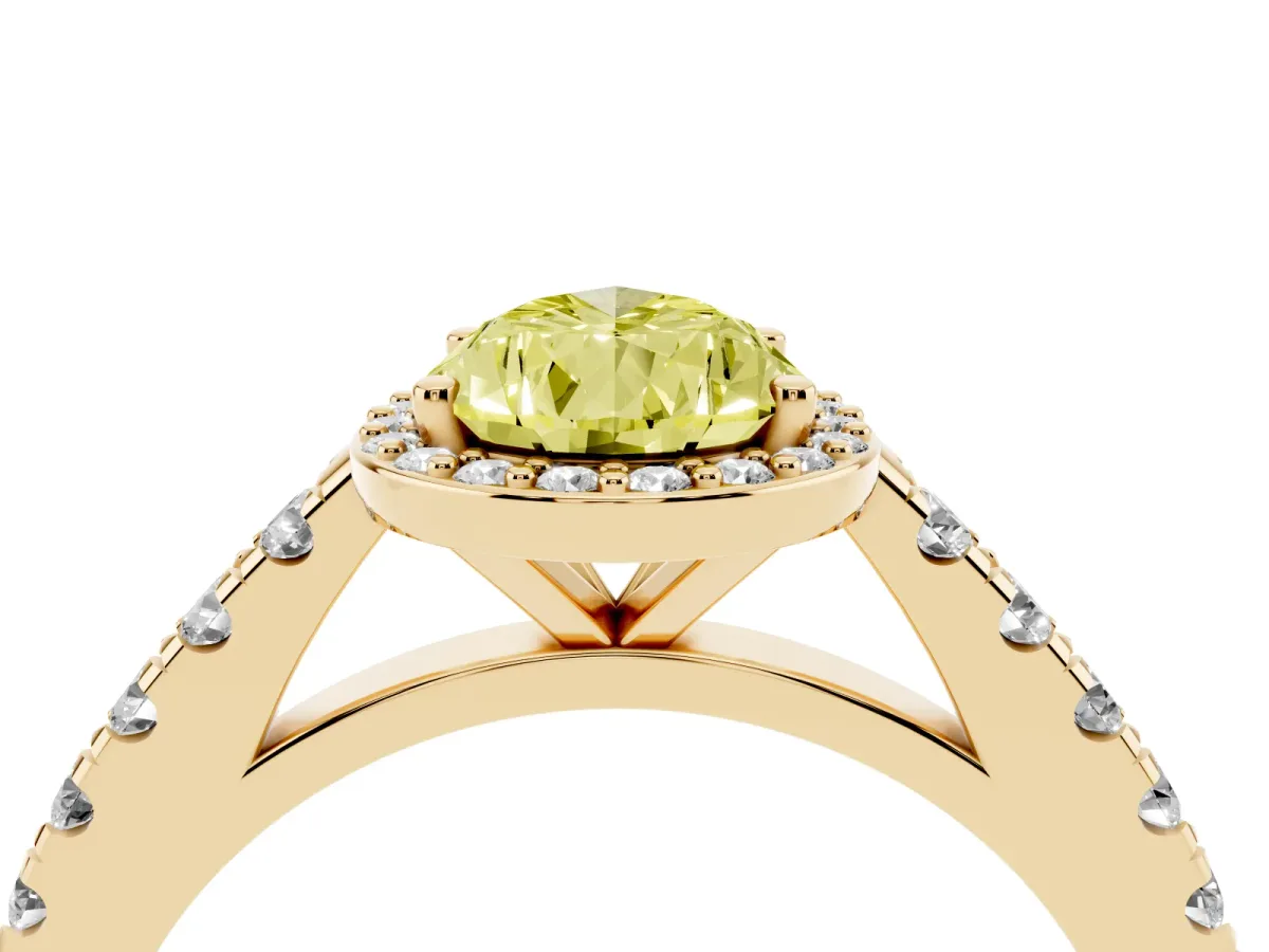 Fancy Yellow Pear Cut Cut Halo Diamond Engagement Ring with Pave Band and Four-Prong Setting Yellow gold