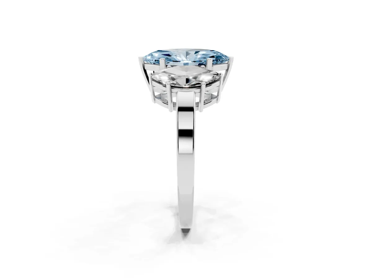 Fancy Blue Three-Stone Marquise Cut Cut Diamond Engagement Ring with Flat Band and Four-Prong Setting Silver