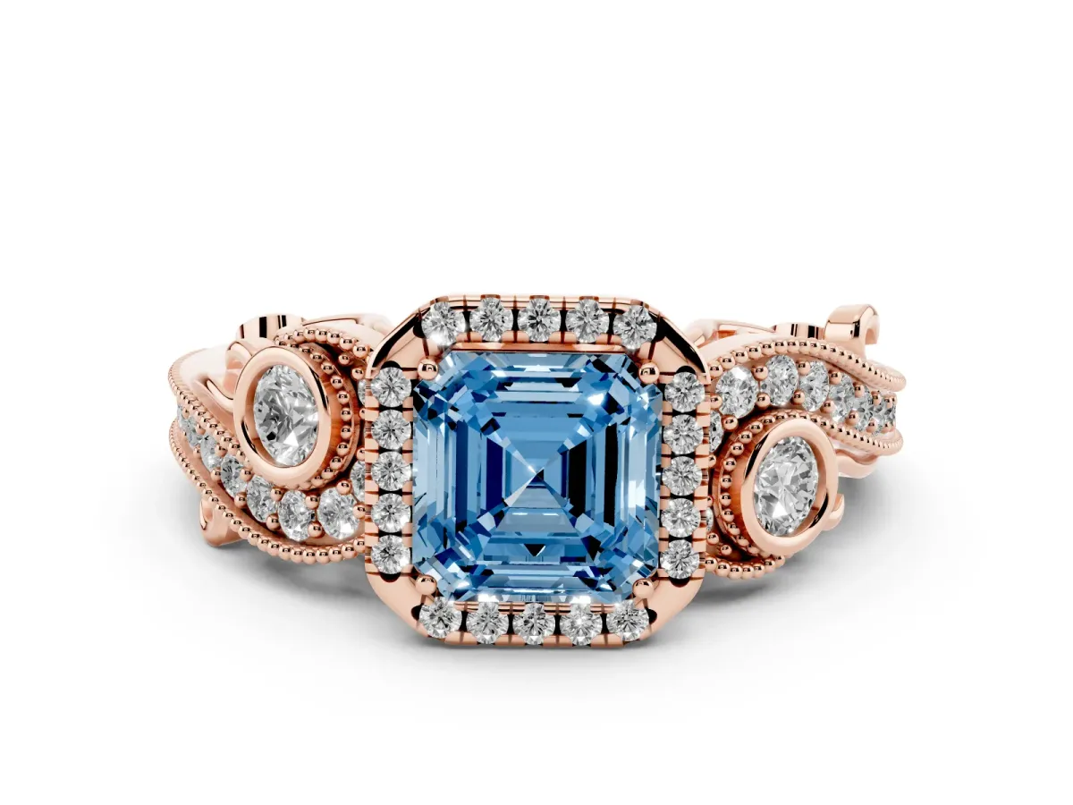 Fancy Blue Asscher Cut Halo Diamond Ring with Milgrain and Bezel Accents on a Split Shank Band Rose gold