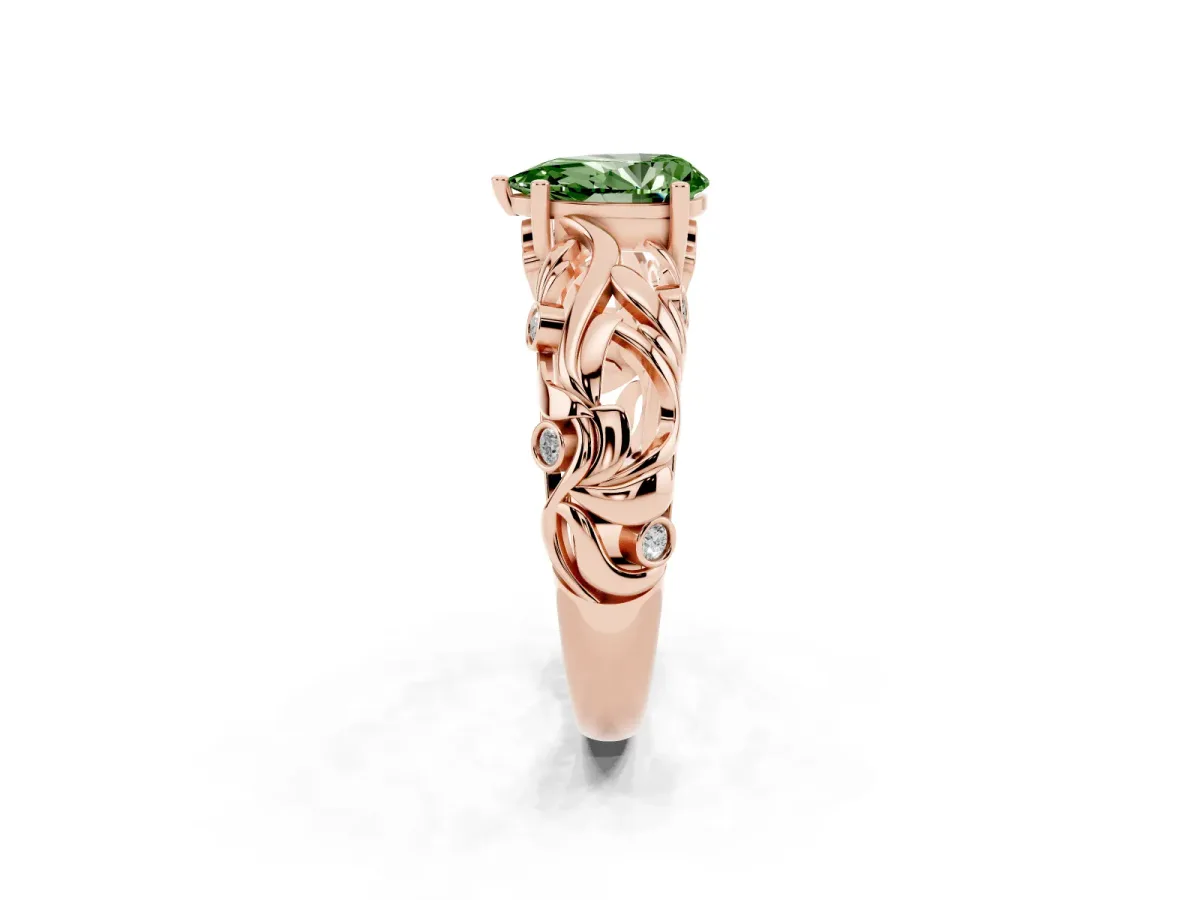 Fancy Green Pear Cut Solitaire Diamond Leaf-Inspired Vine Band Ring with Prong Setting Rose gold