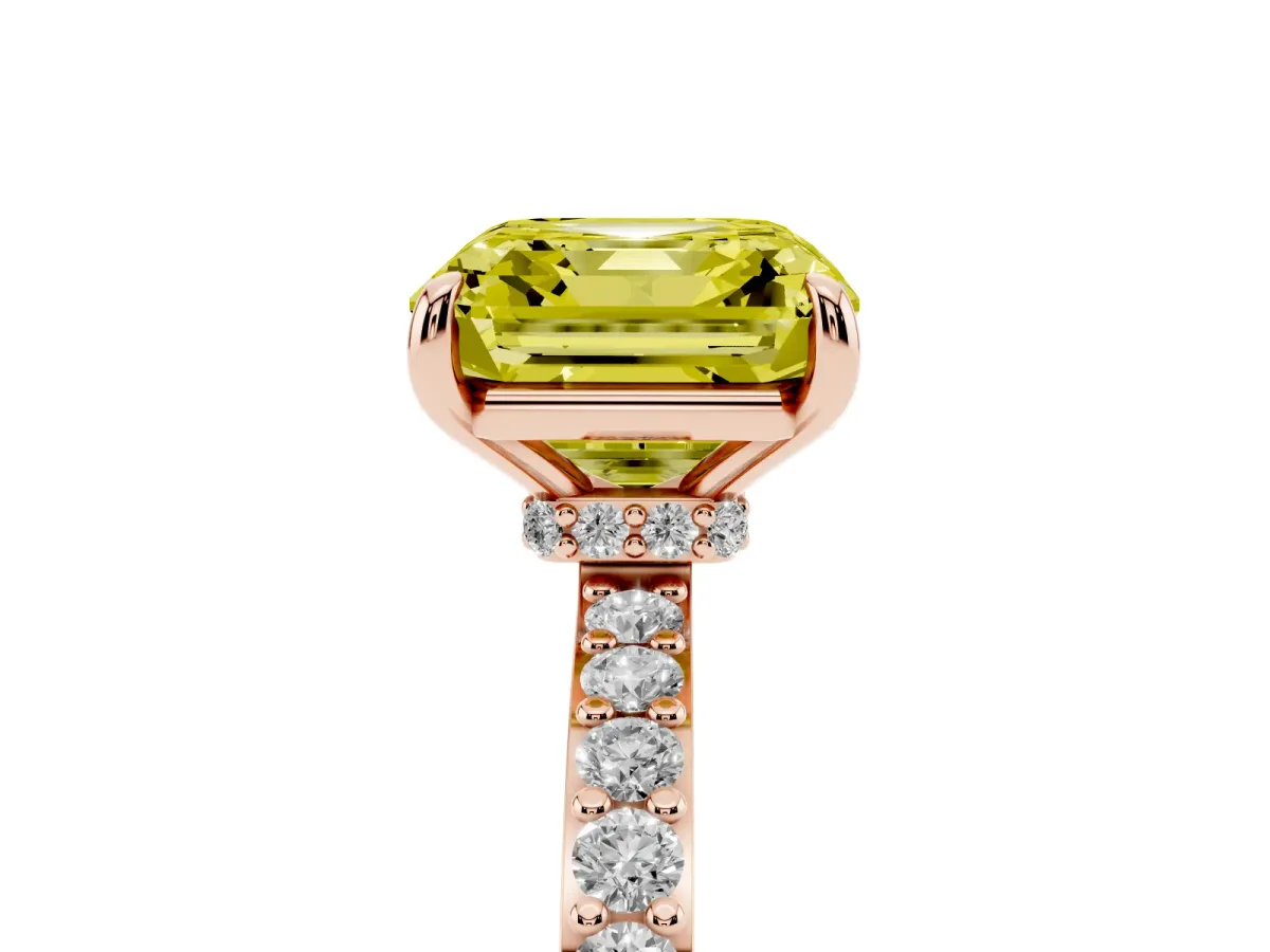 Fancy Yellow Asscher Cut Diamond Pavé Engagement Ring with Round Accents and Prong Setting Rose gold