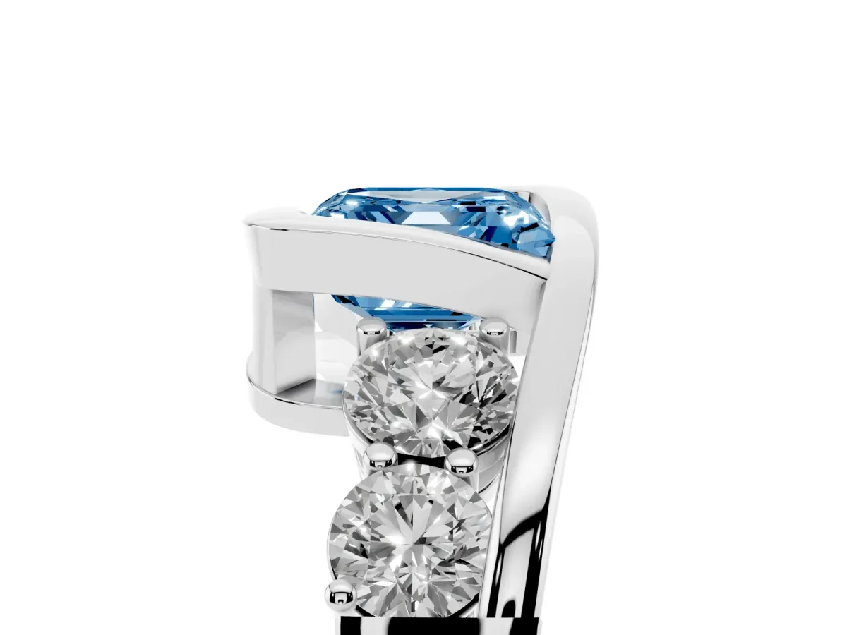 Fancy Blue Bezel Set Asscher Cut Diamond Bypass Ring with Round Accents Platinum