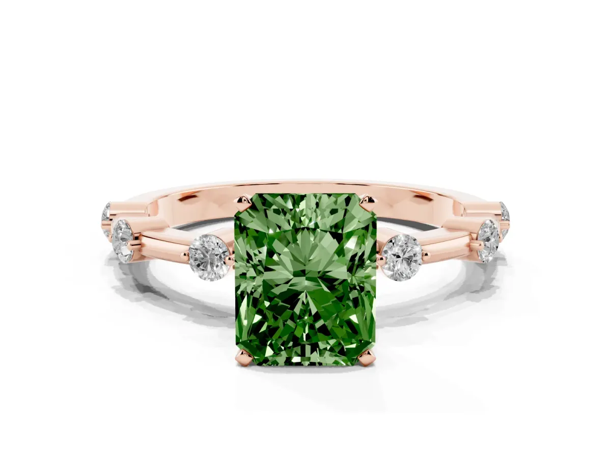Fancy Green Radiant Cut Solitaire Diamond Ring with Bezel Set Side Stones and Prong Setting Rose gold