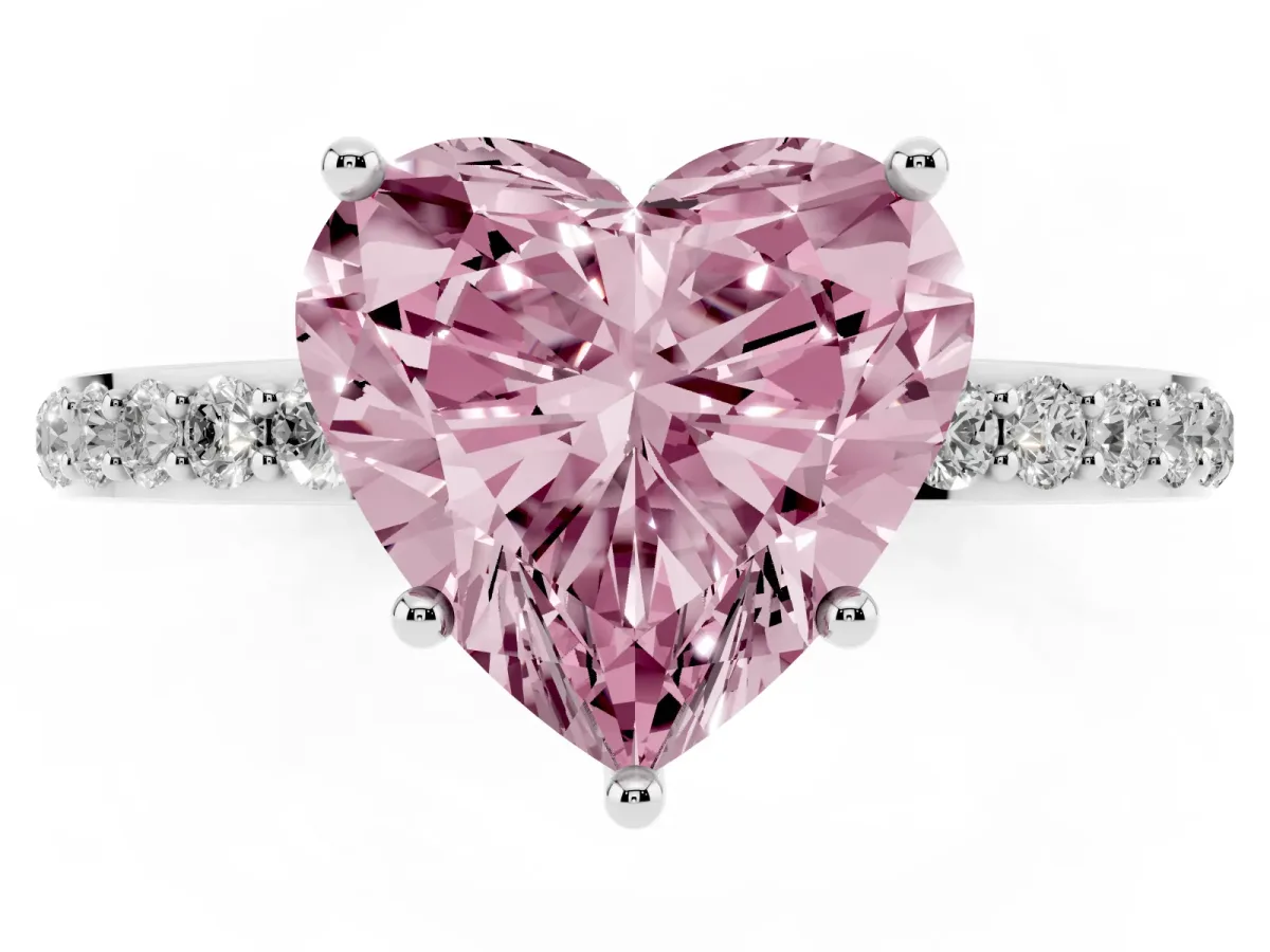 Fancy Pink Heart Cut Diamond Solitaire Ring with Pavé Band and Hidden Halo Platinum