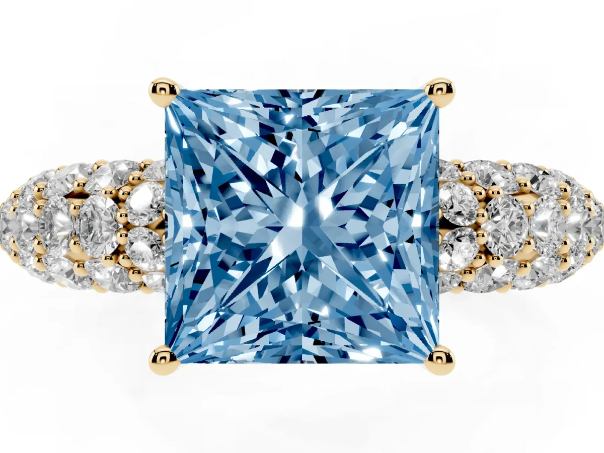 Fancy Blue Princess Cut Diamond Pavé Band Solitaire Ring with Four-Prong Setting Yellow gold