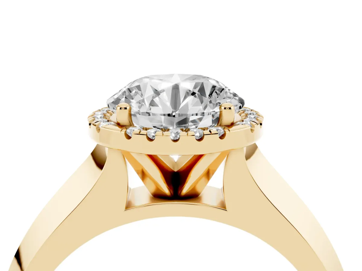 Round Cut Halo Diamond Ring with Cathedral Band and Four-Prong Setting Yellow gold