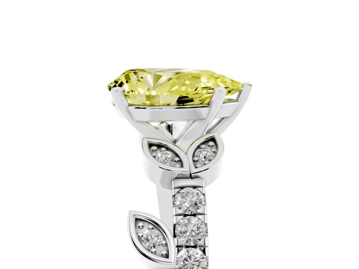 Fancy Yellow Pear Cut Solitaire Leaf-Inspired Diamond Ring with Pavé Band and Four-Prong Setting Silver