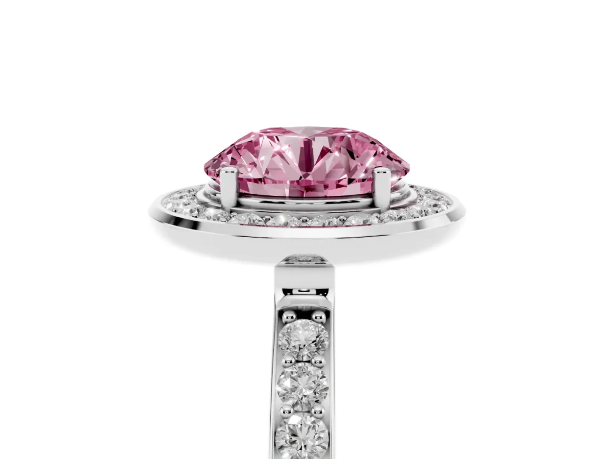 Fancy Pink Round Cut Diamond Halo Ring with Bezel Frame and Pavé Band Silver