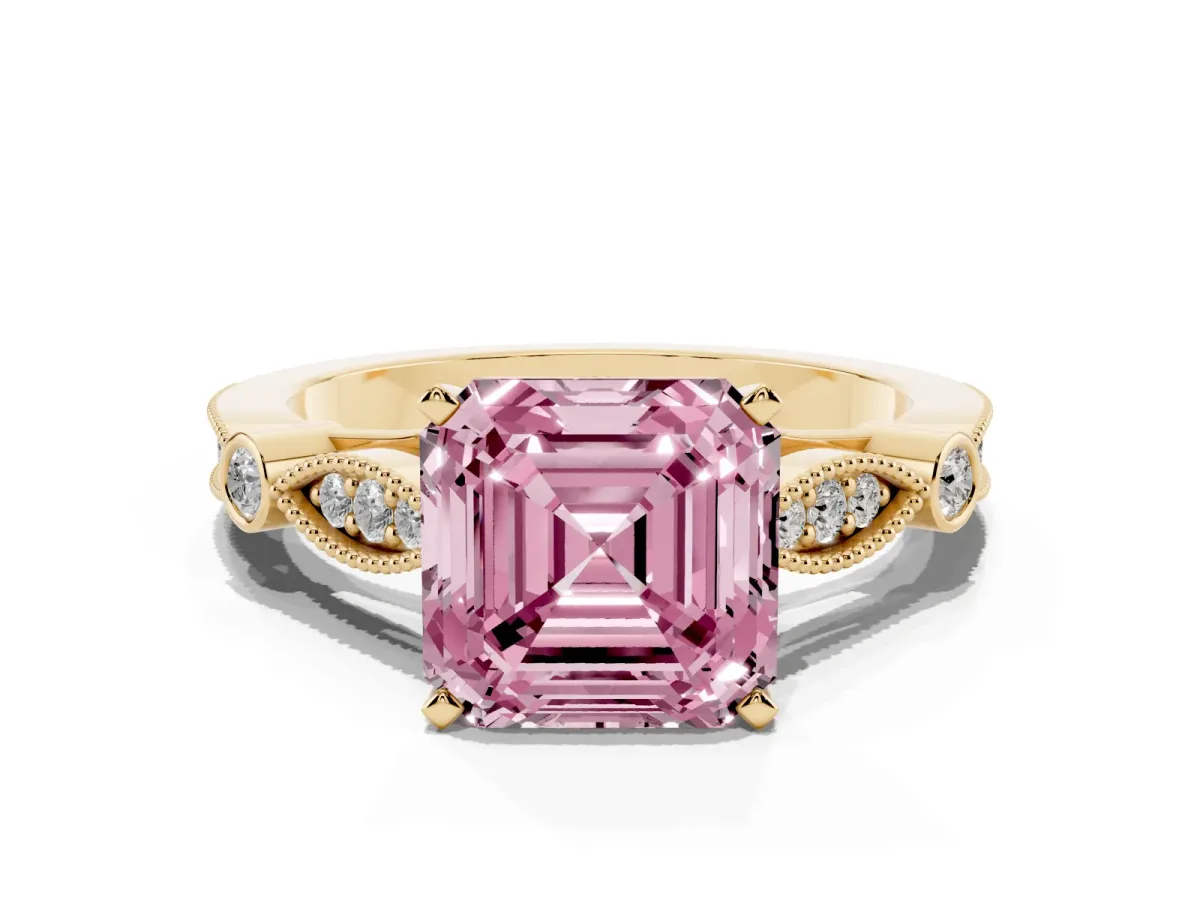 Fancy Pink Asscher Cut Cut Diamond with Milgrain Marquise and Bezel Accents on a Solitaire Band with Prong Setting Yellow gold