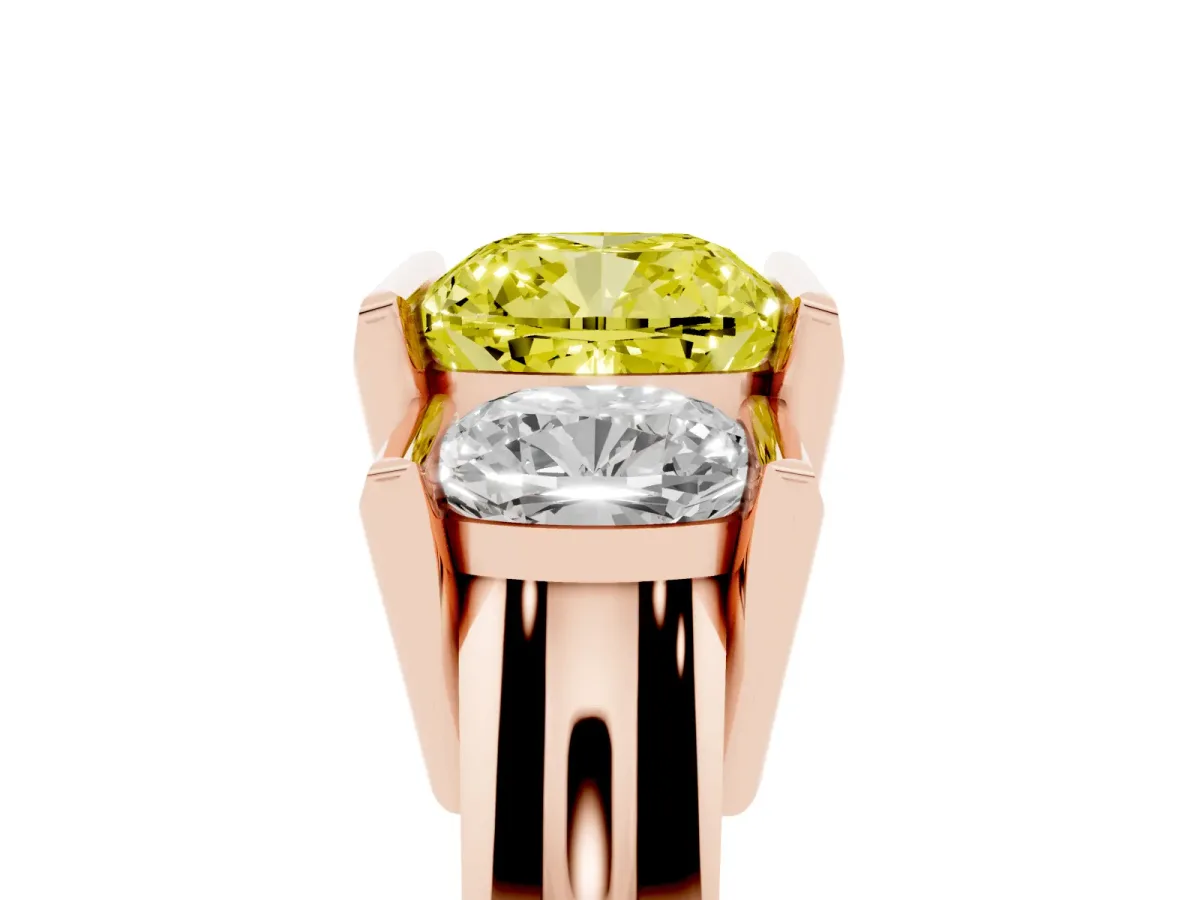 Fancy Yellow Three Stone Cushion Cut Cut Channel Set Diamond Ring Rose gold