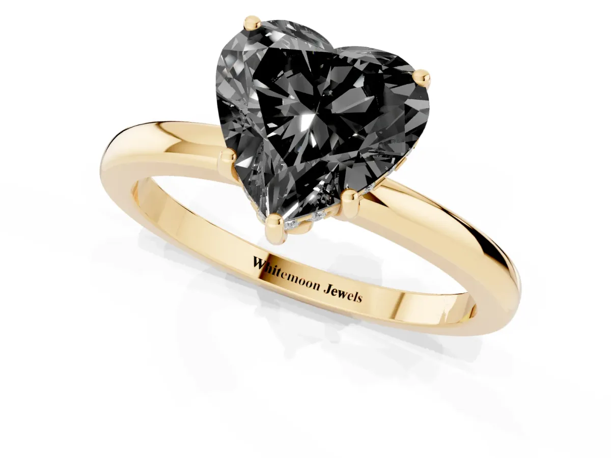 Fancy Black Heart Cut Solitaire Diamond Ring with Prong Setting and Plain Band Yellow gold
