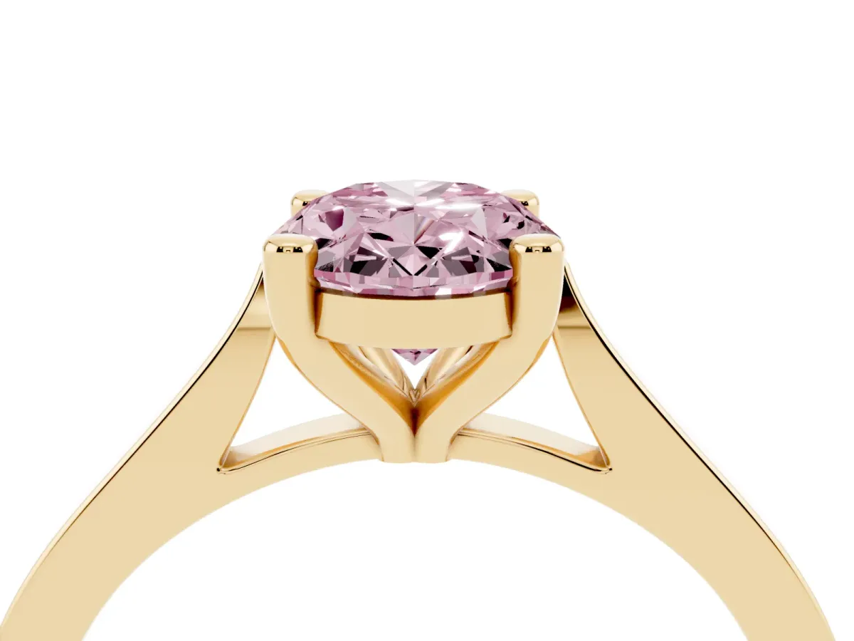 Fancy Pink Oval Cut Solitaire Diamond Ring with Four-Prong Setting and Tapered Band Yellow gold