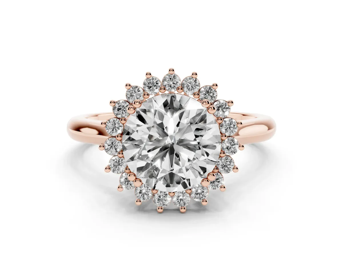 Round Cut Cut Diamond Halo Ring with Solitaire Band and Prong Setting Rose gold