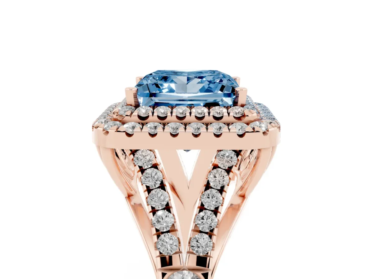 Fancy Blue Princess Cut Diamond Pavé Split Shank Double Halo Engagement Ring Rose gold