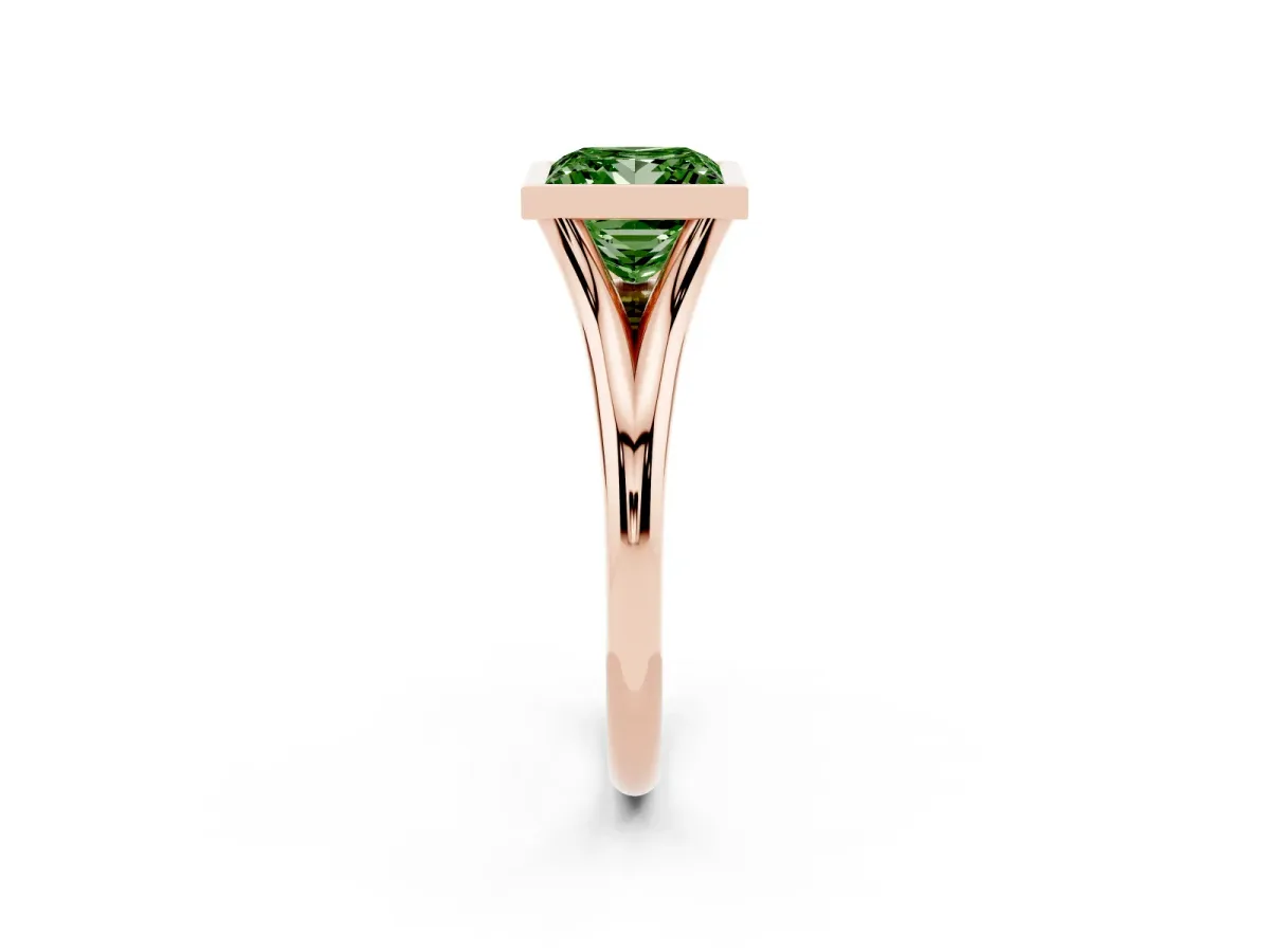 Fancy Green Bezel Set Princess Cut Cut Solitaire Ring with Tapered Band Rose gold