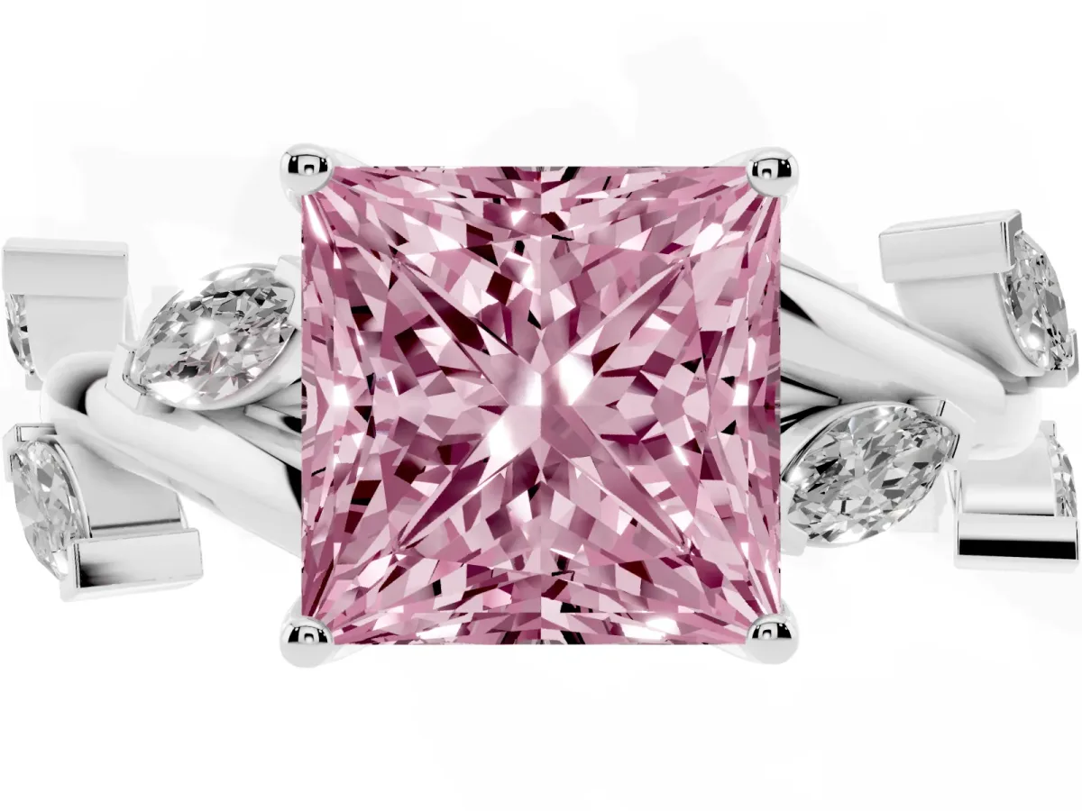Fancy Pink Princess Cut Solitaire Twisted Band Marquise Accent Prong Setting Ring Silver