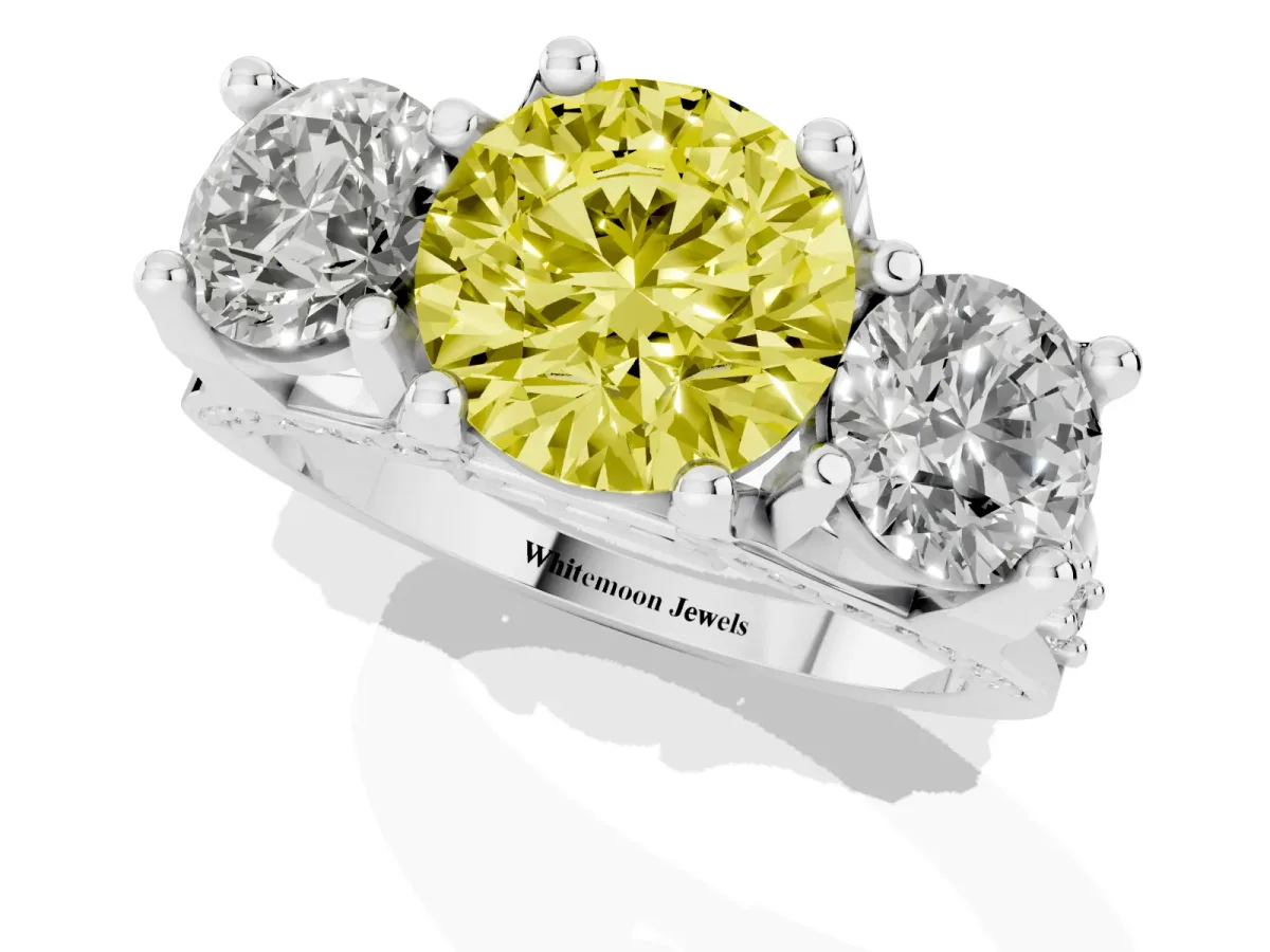 Fancy Yellow Round Cut Diamond Three-Stone Ring with Channel Set Band and Four-Prong Setting Silver