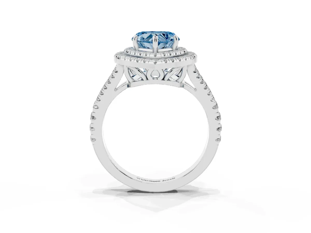 Fancy Blue Heart Cut Diamond Double Halo Ring with Pavé Band and Prong Setting Silver