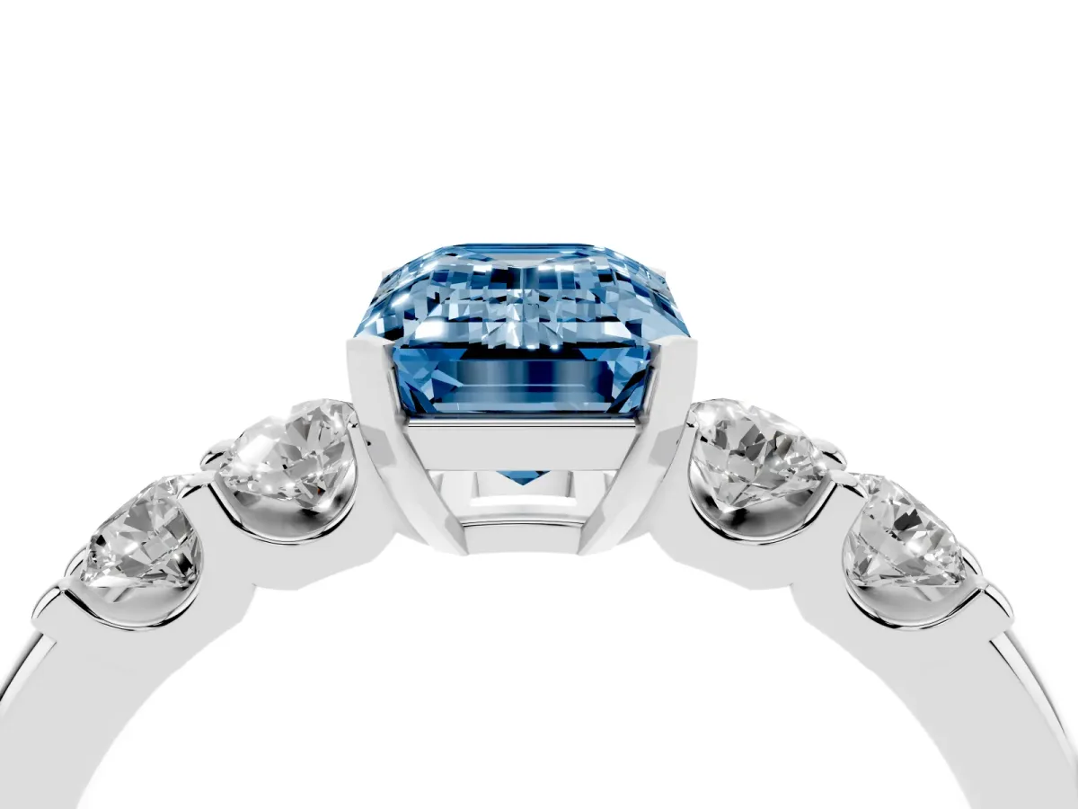 Fancy Blue Emerald Cut Brilliant Cut Diamond Five-Stone Prong Set Engagement Ring with Channel Band Silver