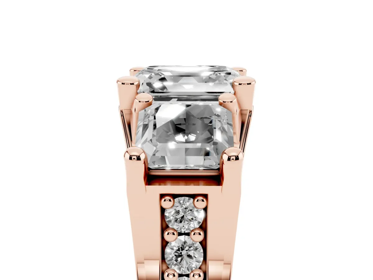 Asscher Cut Diamond Three-Stone Ring with Channel Set Band and Four-Prong Setting Rose gold