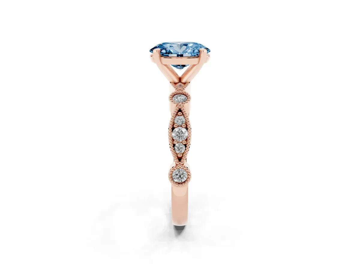 Fancy Blue Oval Cut Milgrain Bezel Diamond Engagement Ring with Solitaire Prong Setting Rose gold