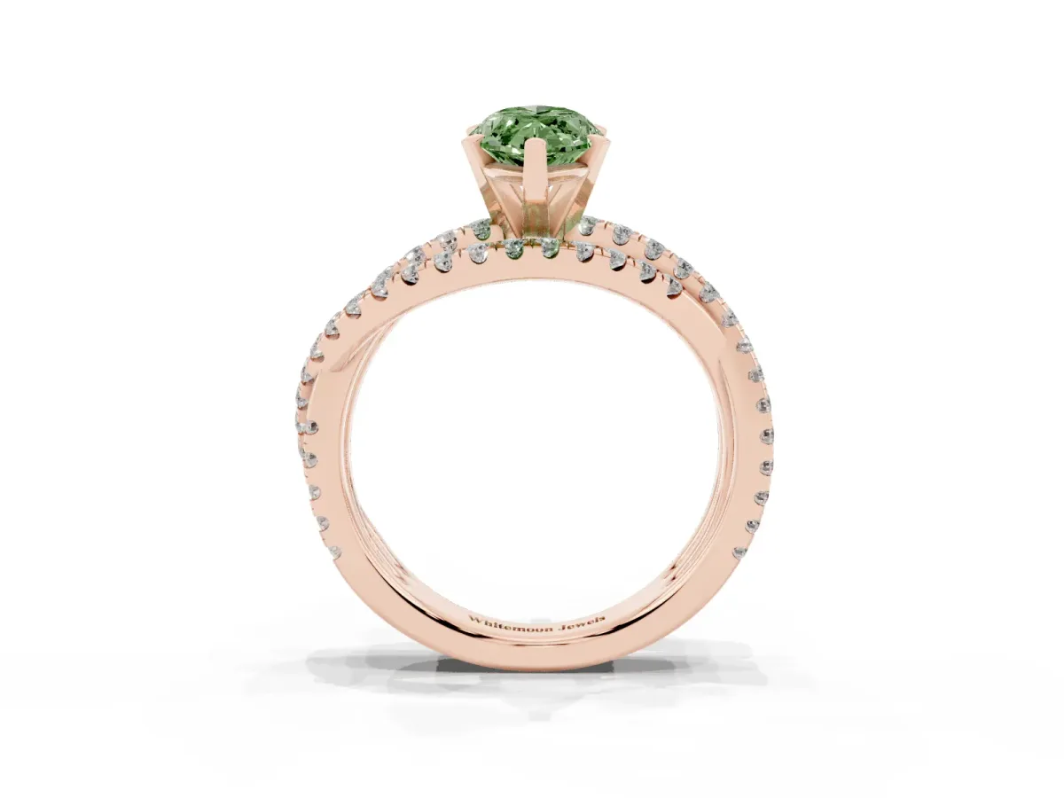 Fancy Green Marquise Cut Solitaire Twist Band with Pavé Setting and Four-Prong Setting Rose gold