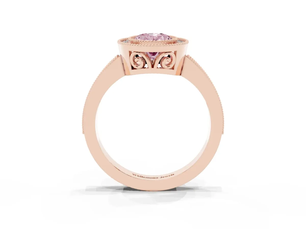 Fancy Pink Oval Cut Cut Halo Diamond Ring with Pavé Band and Milgrain Prong Setting Rose gold
