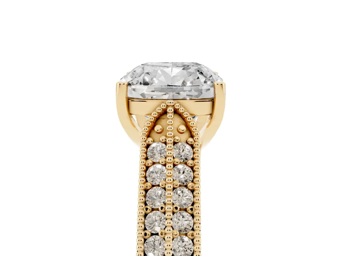 Cushion Cut Cut Pave Split Shank Engagement Ring with Four-Prong Setting Yellow gold