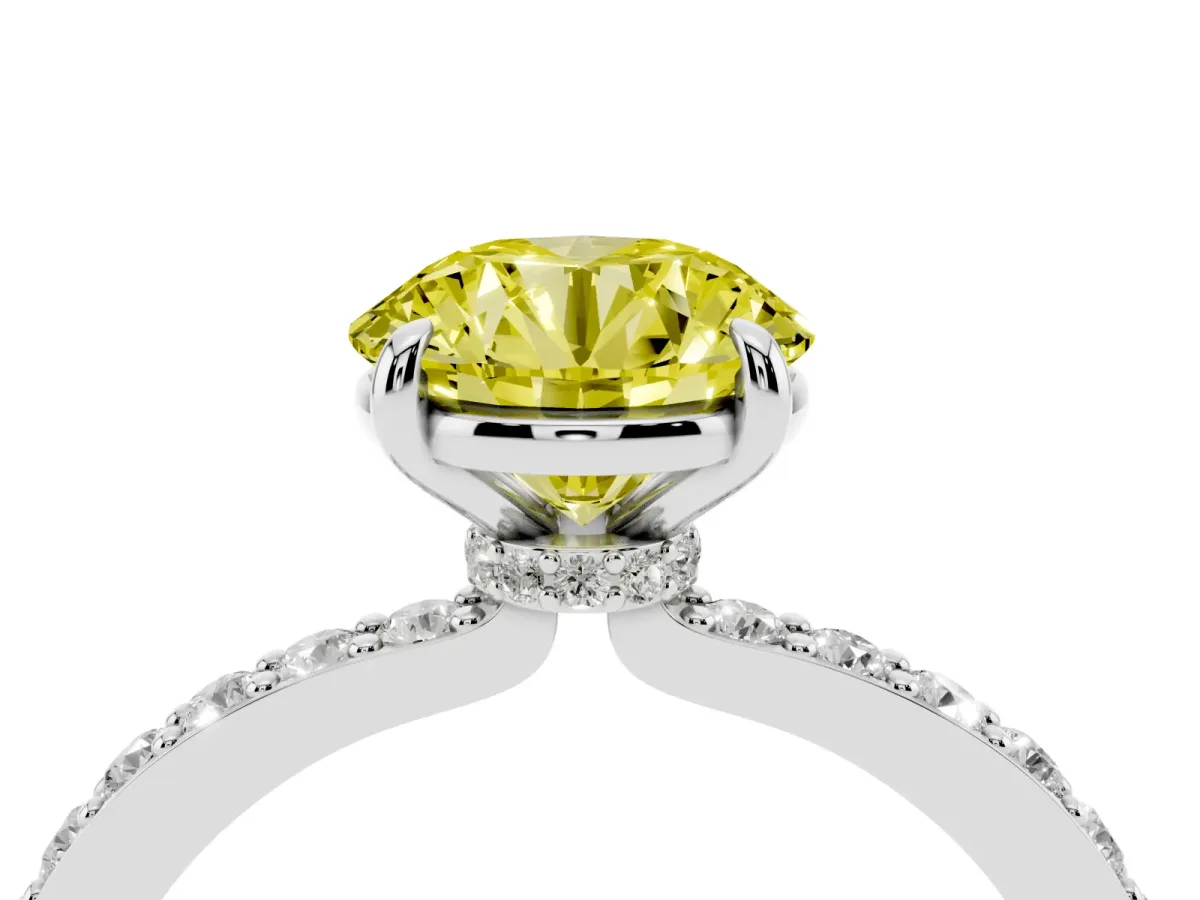 Fancy Yellow Round Cut Diamond Pavé Engagement Ring with Round Accents and Prong Setting Silver