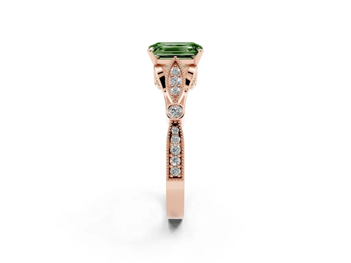 Fancy Green Emerald Cut Cut Diamond with Milgrain Marquise and Bezel Accents on a Solitaire Band with Prong Setting Rose gold