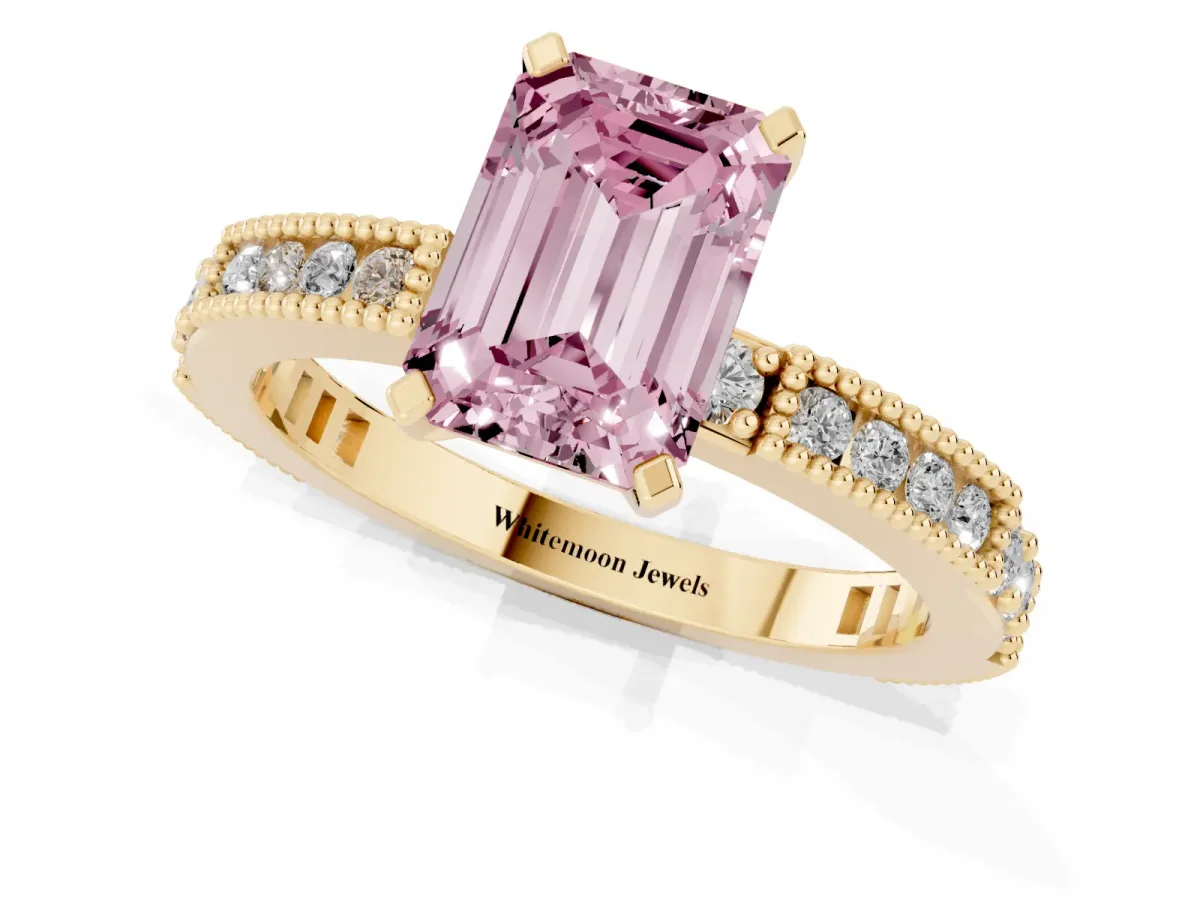 Fancy Pink Emerald Cut Solitaire with Pavé Band and Four-Prong Setting Yellow gold