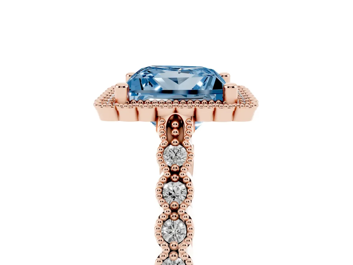Fancy Blue Princess Cut Cut Halo Pavé Solitaire Ring with Milgrain Band Rose gold