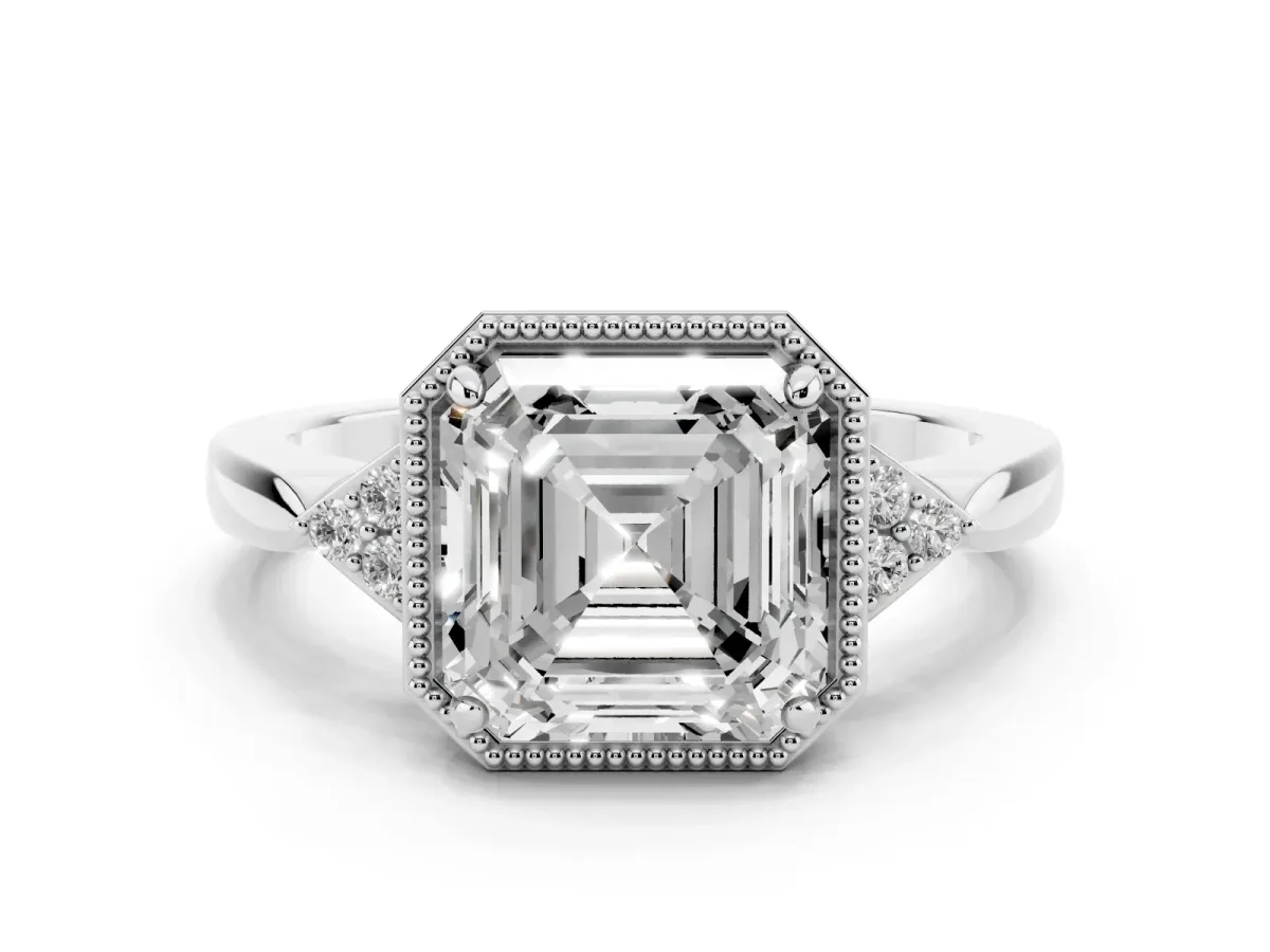 Hexagonal Halo Asscher Cut Diamond Solitaire with Pavé Band and Four-Prong Setting Silver