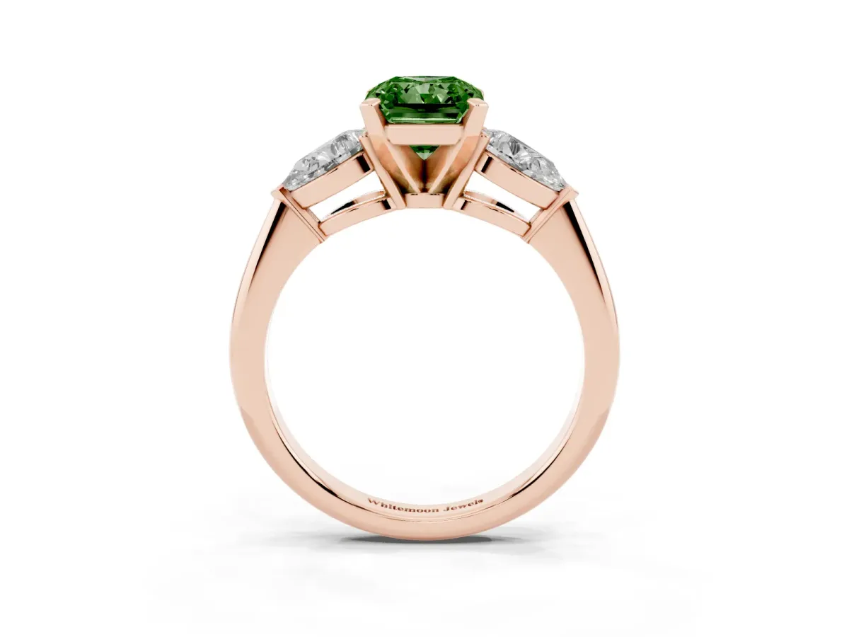 Fancy Green Three-Stone Radiant Cut Diamond Ring with Pear Side Stones and Four-Prong Setting Rose gold