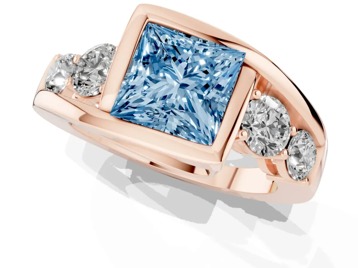 Fancy Blue Bezel Set Princess Cut Diamond Bypass Ring with Round Accents Rose gold