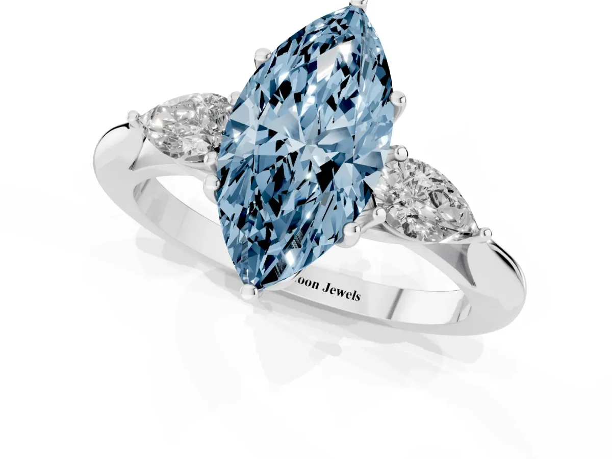 Fancy Blue Marquise Cut Diamond Three-Stone Ring with Pear Side Stones and Prong Setting Silver