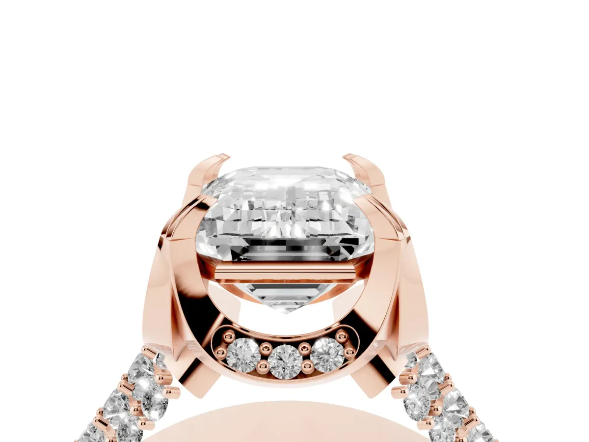 Emerald Cut Solitaire Pave Split Shank Ring with Four-Prong Setting Rose gold