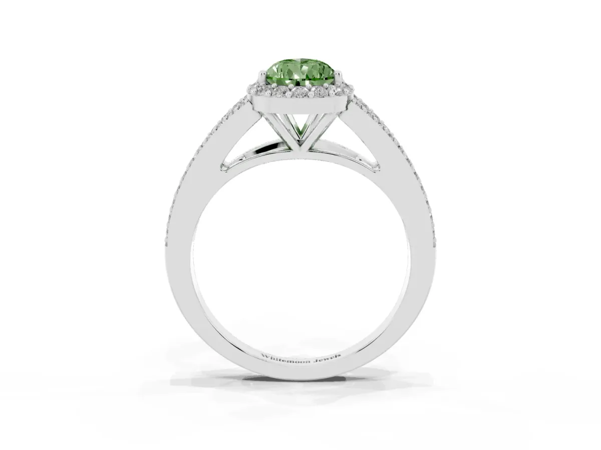 Fancy Green Pear Cut Halo Split Shank Pave Diamond Ring with Four-Prong Setting Platinum