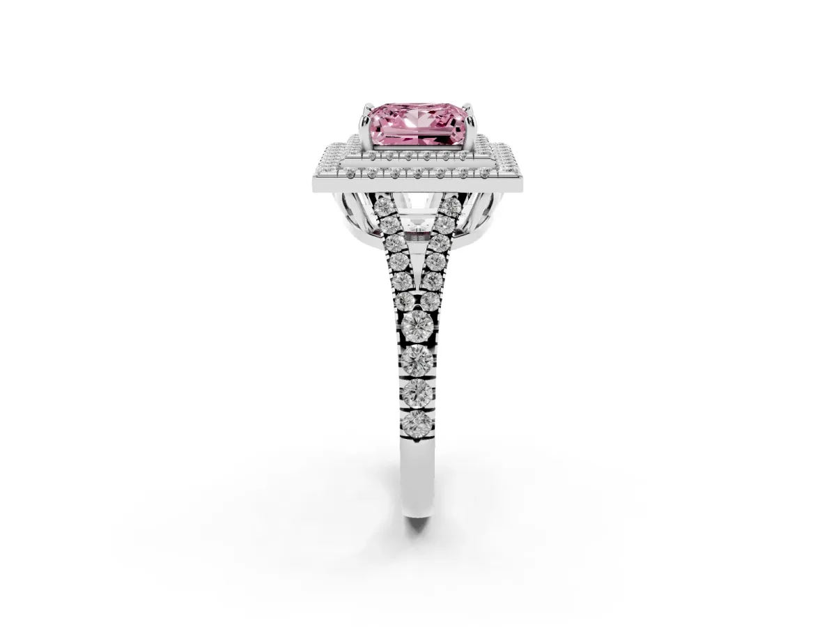 Fancy Pink Princess Cut Diamond Double Halo Ring with Pavé Band and Prong Setting Silver
