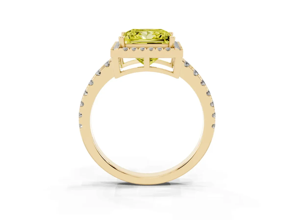 Fancy Yellow Princess Cut Diamond Halo Ring with Pavé Band and Four-Prong Setting Yellow gold