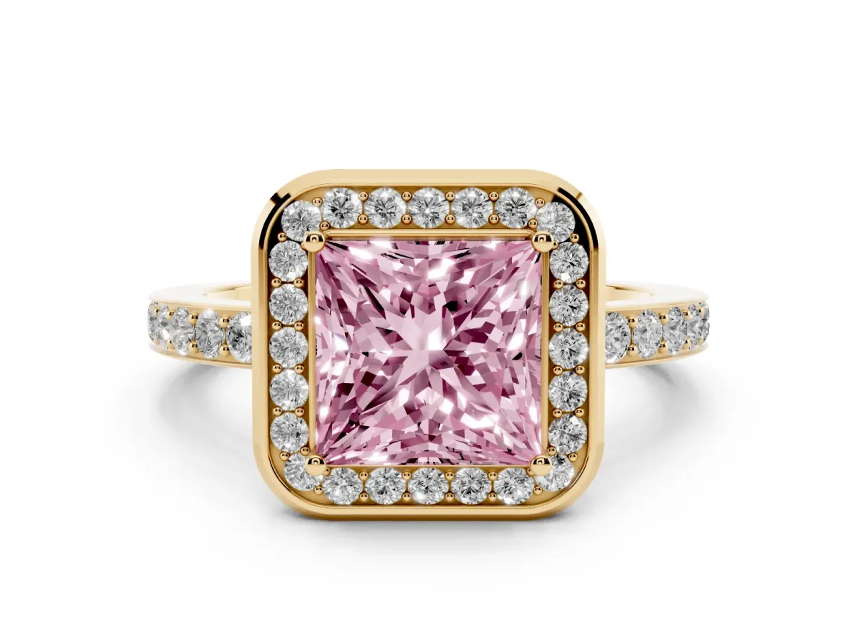 Fancy Pink Princess Cut Diamond Halo Ring with Bezel Frame and Pavé Band Yellow gold