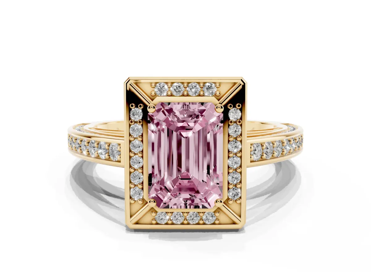 Fancy Pink Emerald Cut Cut Halo Pave Split Shank Prong Setting Ring Yellow gold